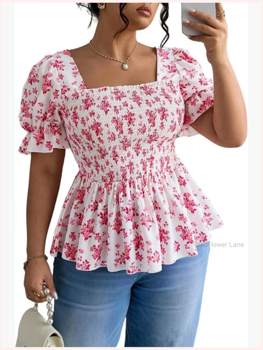 Plus Size Floral Peplum Top Square Neck Puff Sleeve Babydoll Boho Blouse